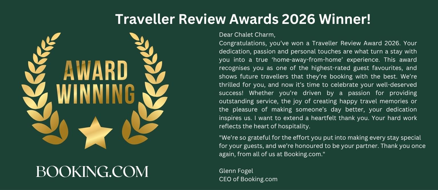Booking.com Traveller Review Awards 2026 Winner — Chalet Charm letter from Glenn Fogel, CEO