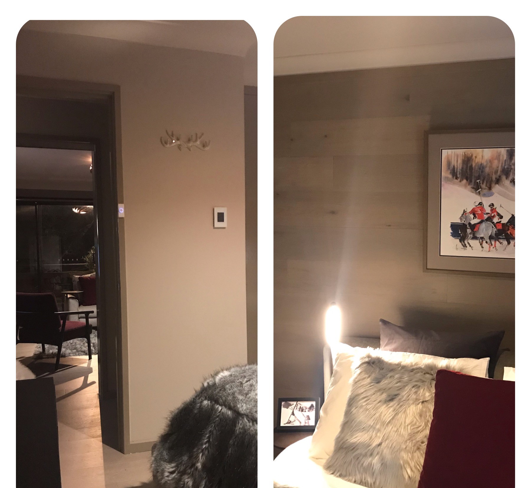 Chalet Charm Thredbo cosy styling details before and after — throws, ambient USB lamps and curated artwork bringing warmth to the renovated alpine apartment