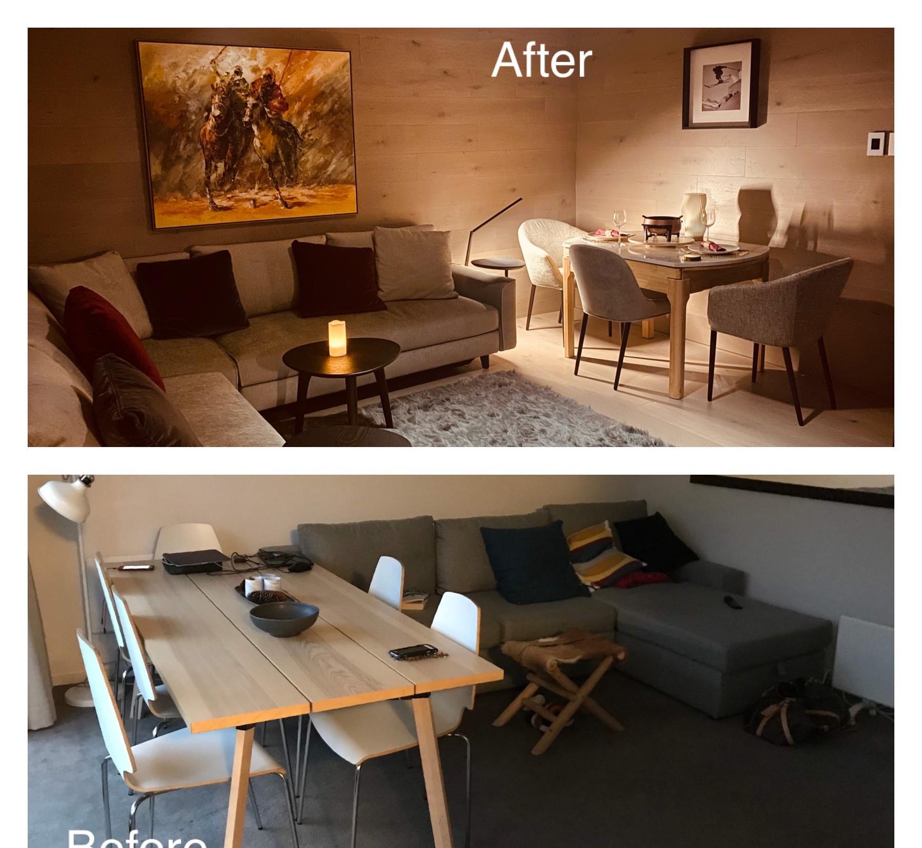 Chalet Charm Thredbo dining room before and after renovation — original layout reimagined with a real wooden light sourced from Germany and styled dining setting for six