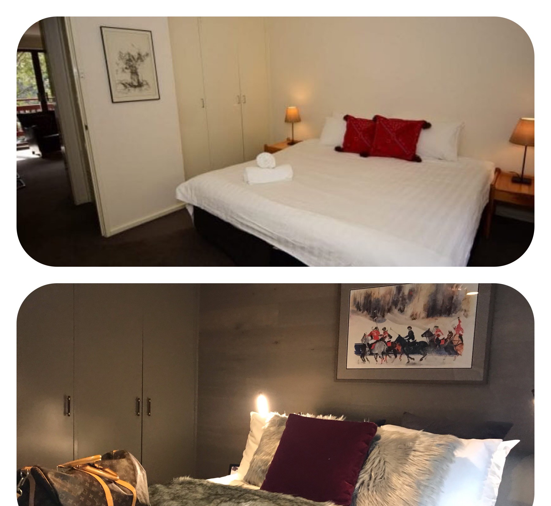 Chalet Charm Thredbo master bedroom before and after renovation — refreshed with luxe layered bedding, soft lighting and an alpine-inspired palette