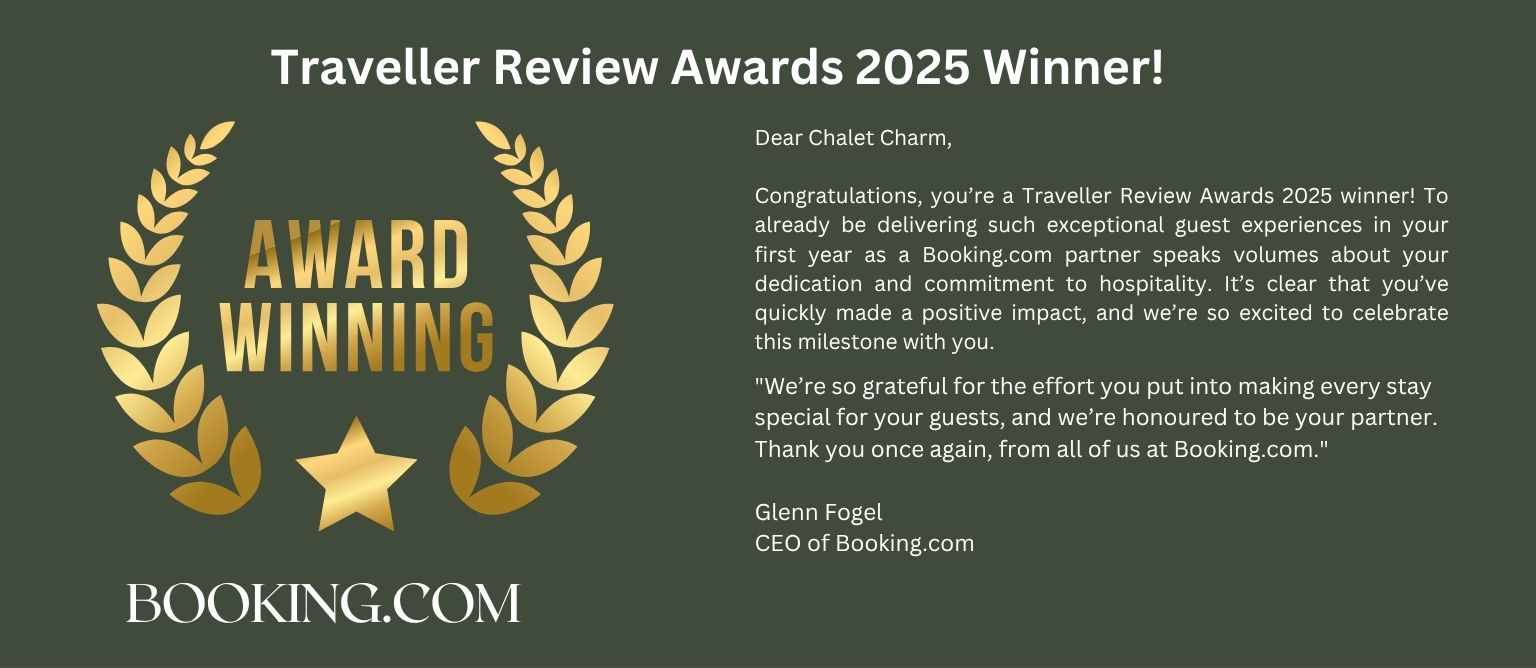 Booking.com Traveller Review Awards 2025 Winner — Chalet Charm letter from Glenn Fogel, CEO