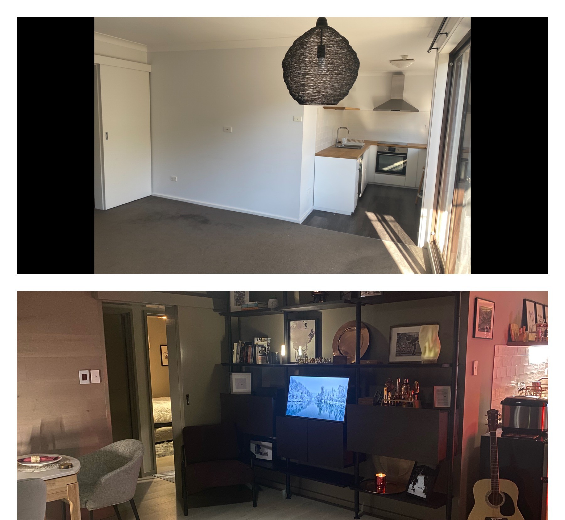 Chalet Charm Thredbo living room before and after renovation — tired original interior transformed into a luxe alpine lounge with timber floors, walls and forest-green tones