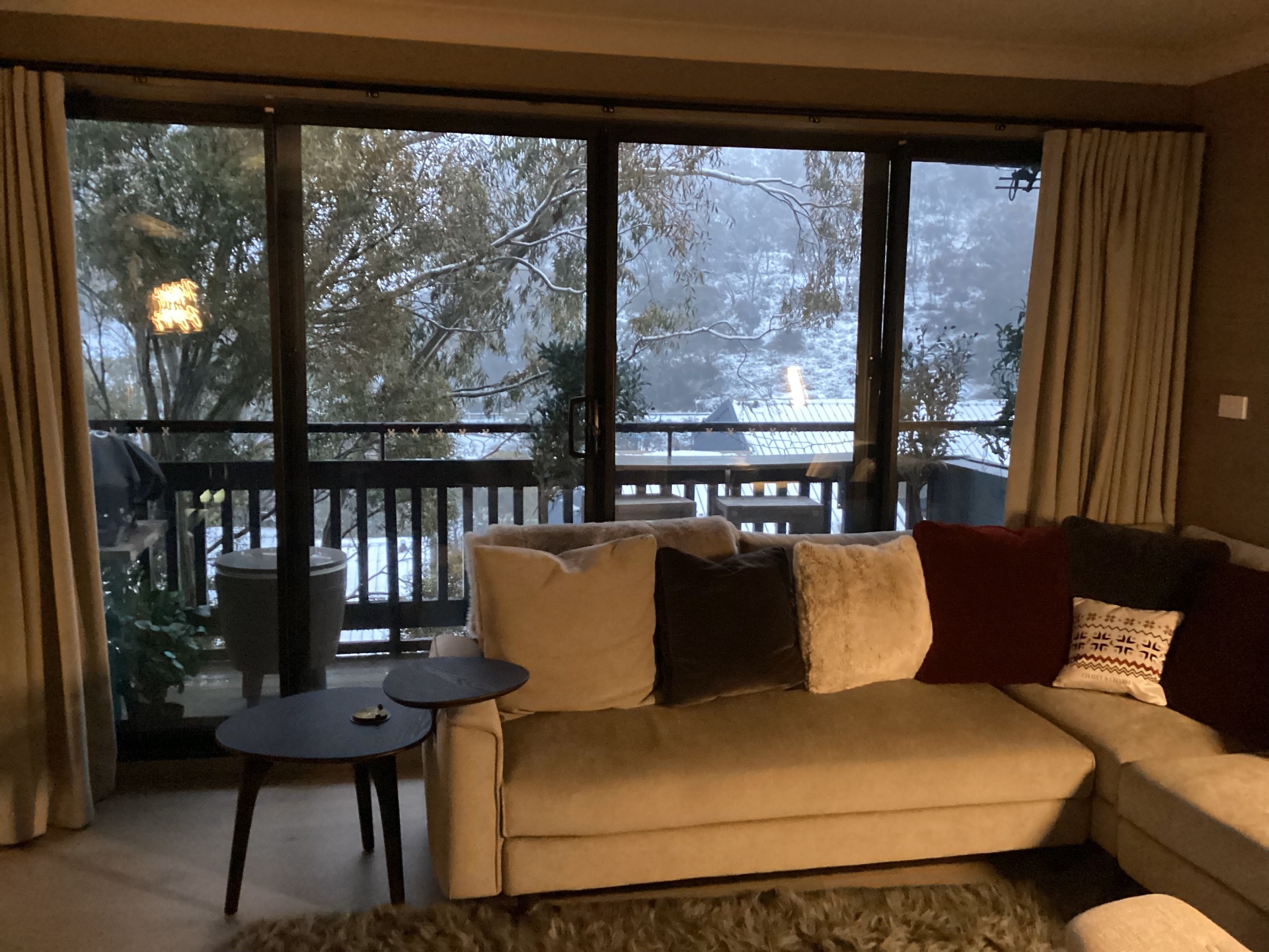 Living room with snowy outlook